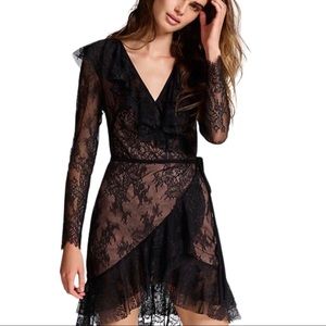 For Love & Lemons Daphne Lace Wrap Dress Black V-Neck Sheer Long Sleeve Mini L